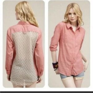 Free People Slubby Road Trip Lace Crochet Back Button Down Shirt Size XS Pink